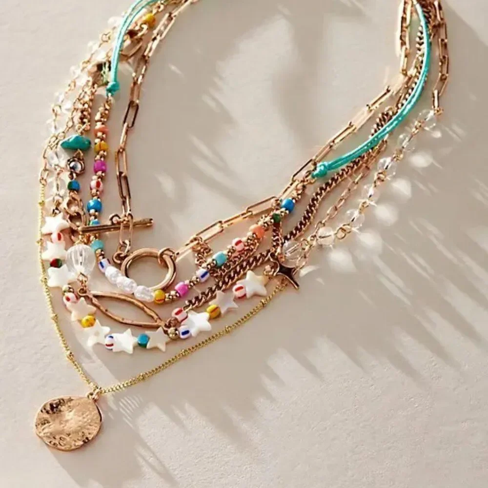 FREE PEOPLE Starry Celestial Multi Layer Gold Necklace In Multicolor NWT - Picture 1 of 6